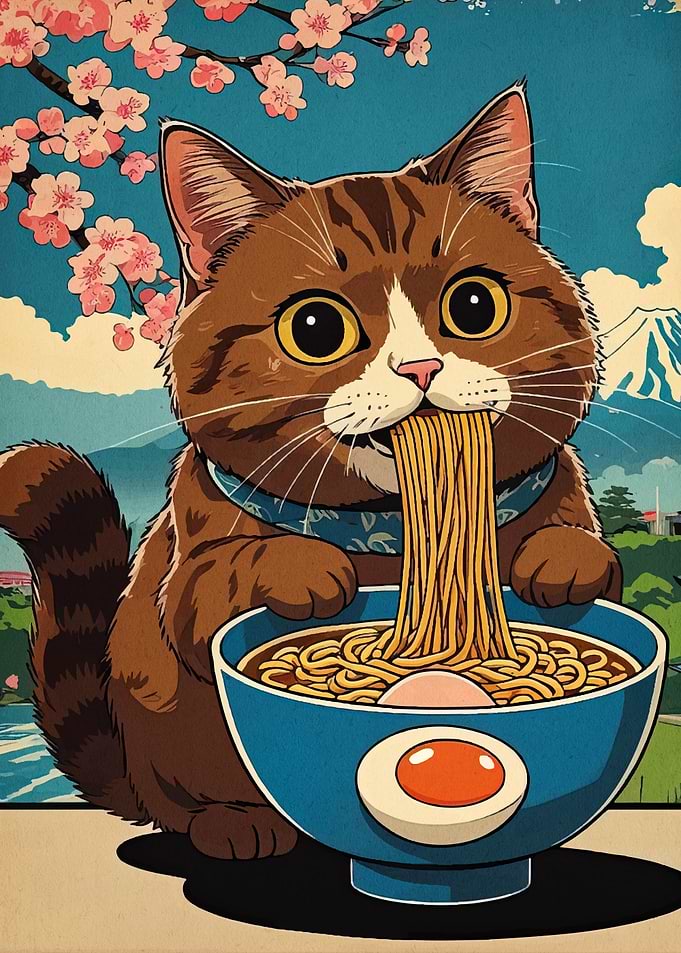 Cat Eating Ramen with Cherry Blossoms