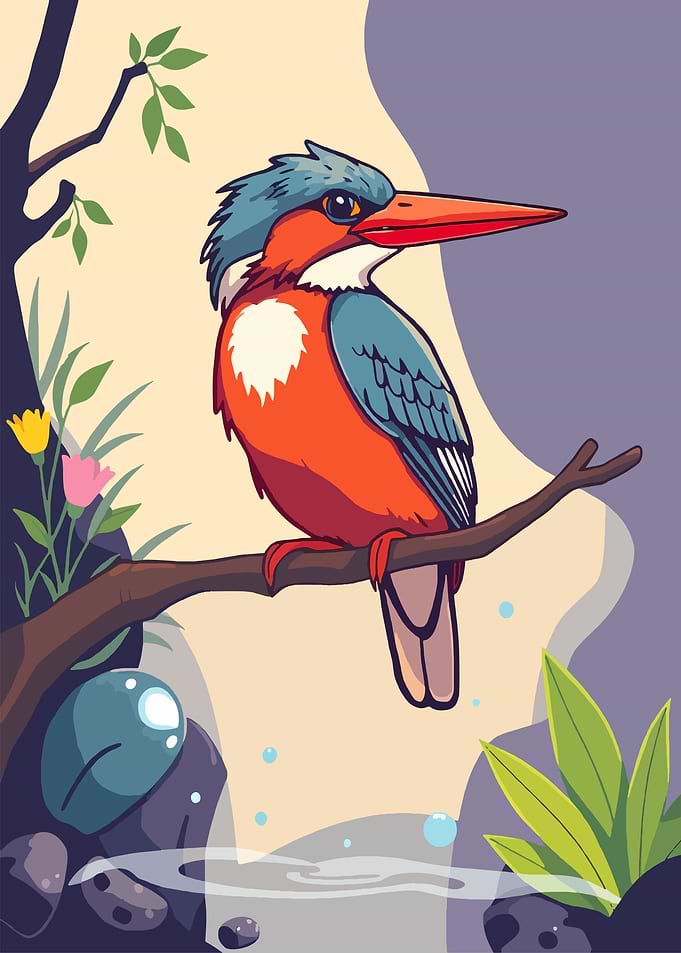 Colorful Kingfisher Bird on Branch Illustration