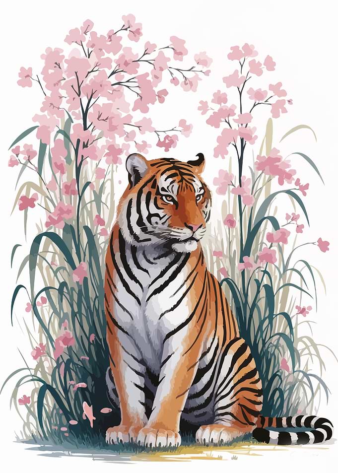 Tiger with Cherry Blossoms Illustration