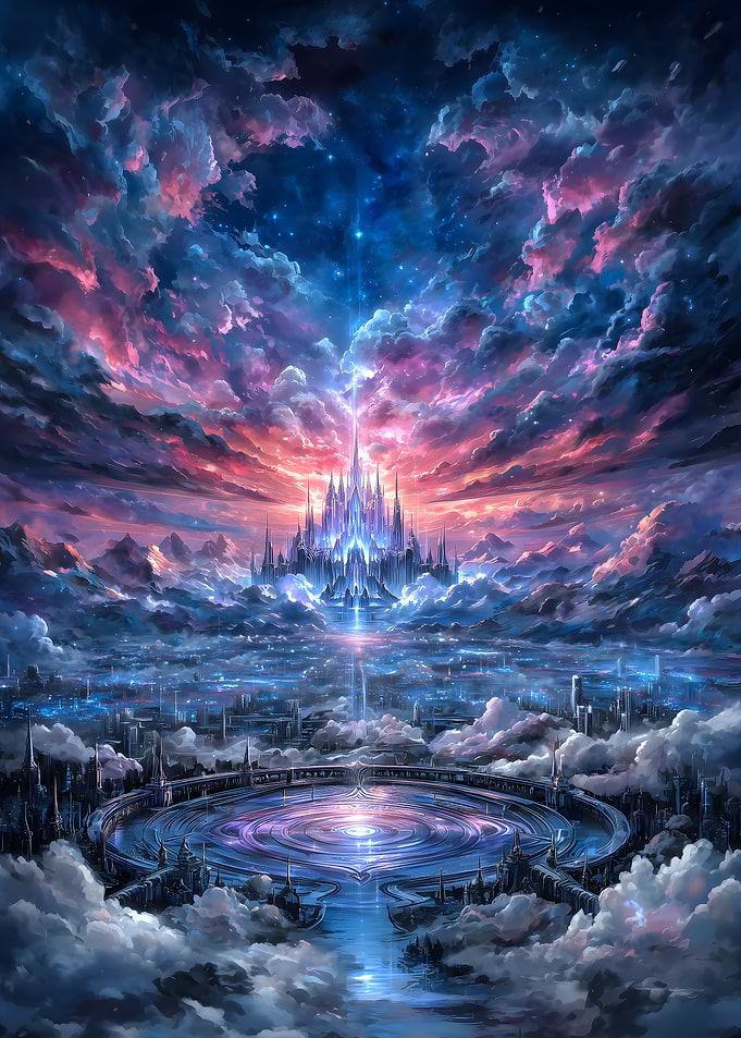 Fantasy Cityscape with Castle and Clouds