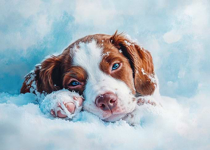 Brittany Spaniel Puppy in Snow | Winter dog painting