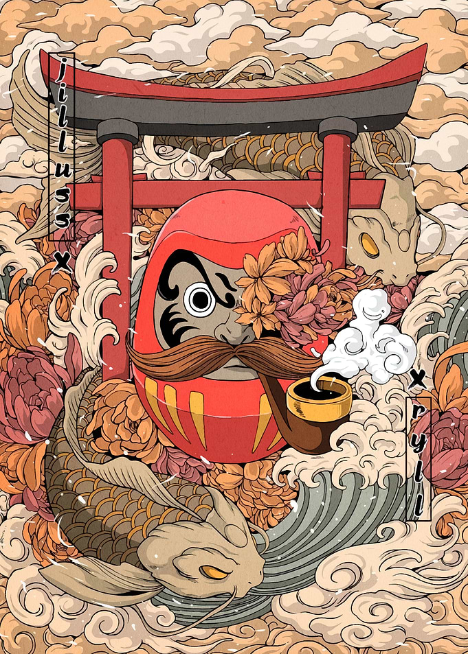Daruma Doll with Koi and Torii Gate