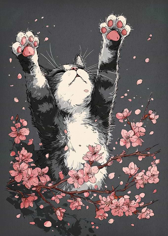 Cat Reaching for Cherry Blossoms
