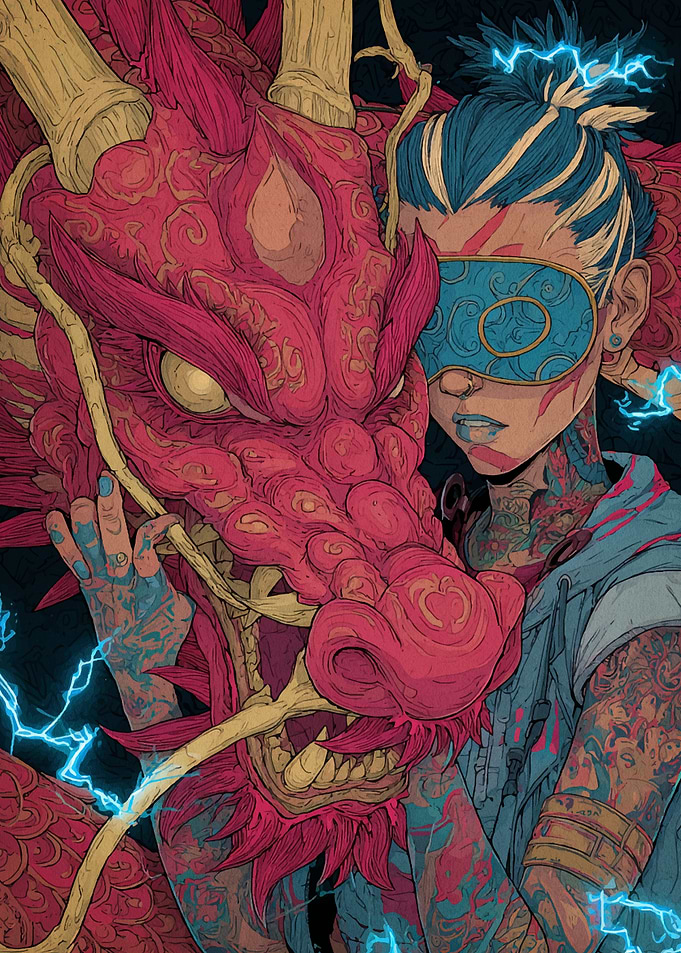 Dragon and Masked Woman Illustration