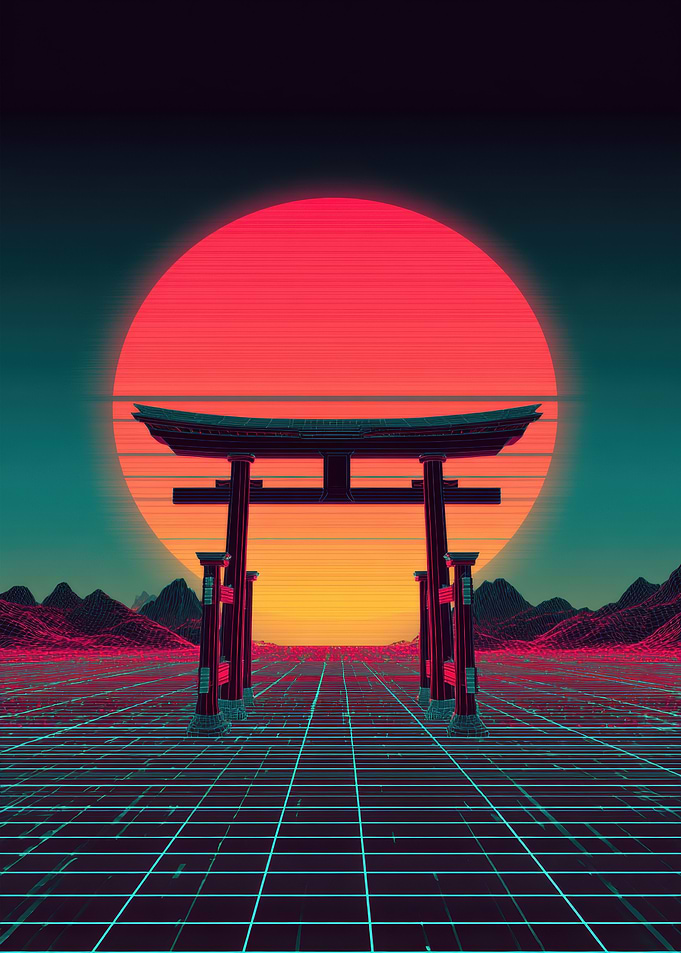 Retro Torii Gate Sunset Landscape