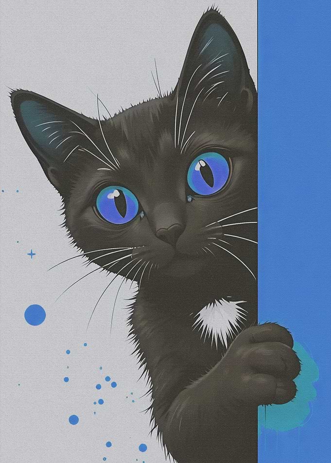 Black Cat with Blue Eyes Peeking