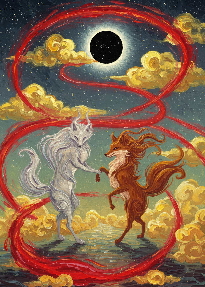 Foxes Under Eclipse with Red Ribbon