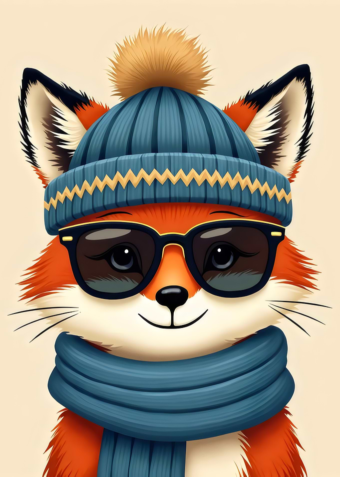 Cartoon Fox with Hat and Scarf