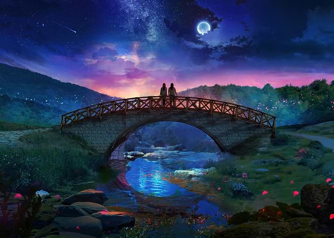 Couple on Bridge Under Starry Night