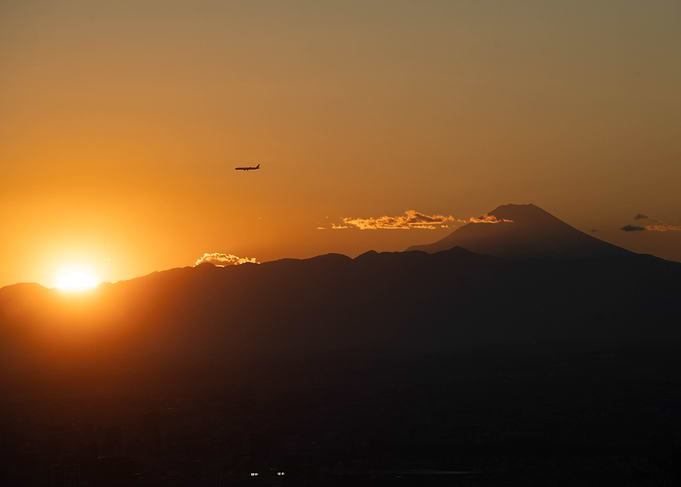 Mount Fuji Sunset with Airplane