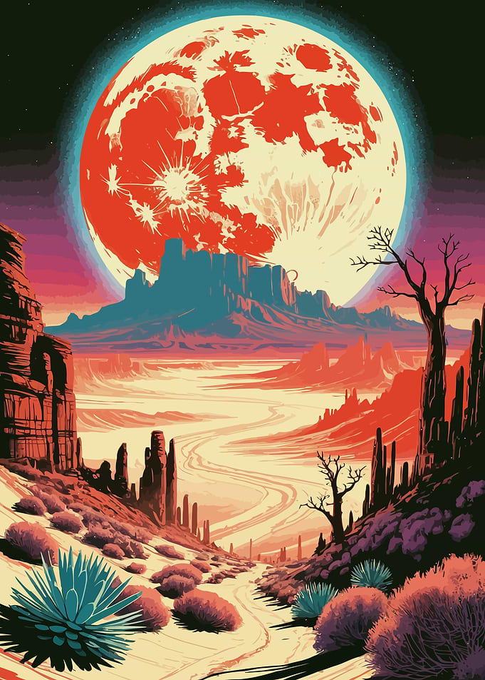 Desert Landscape with Red Moon