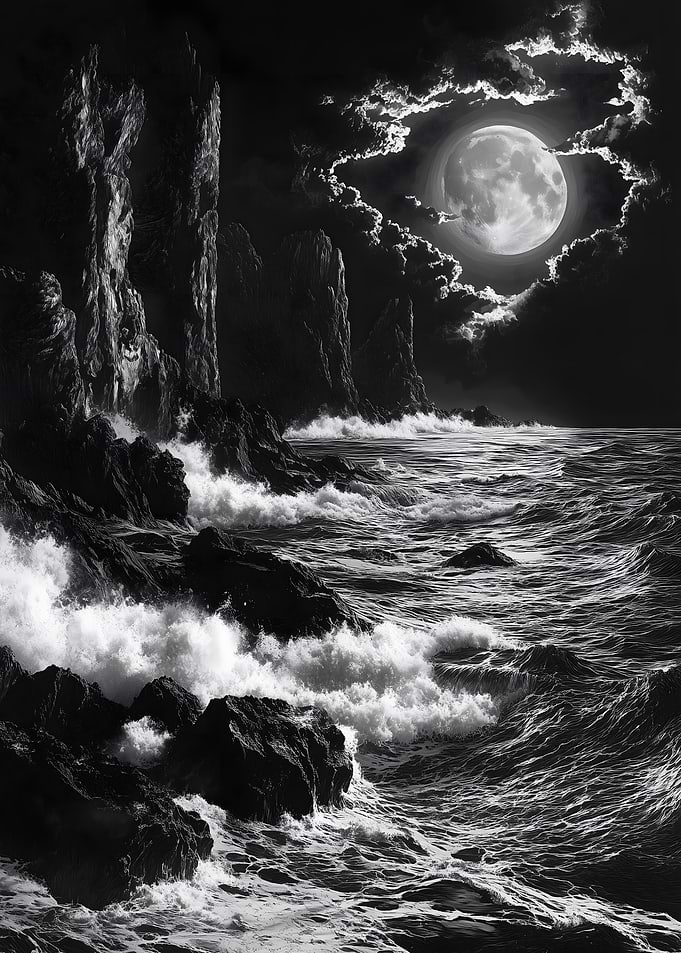 Monochrome Moonlit Coastline
