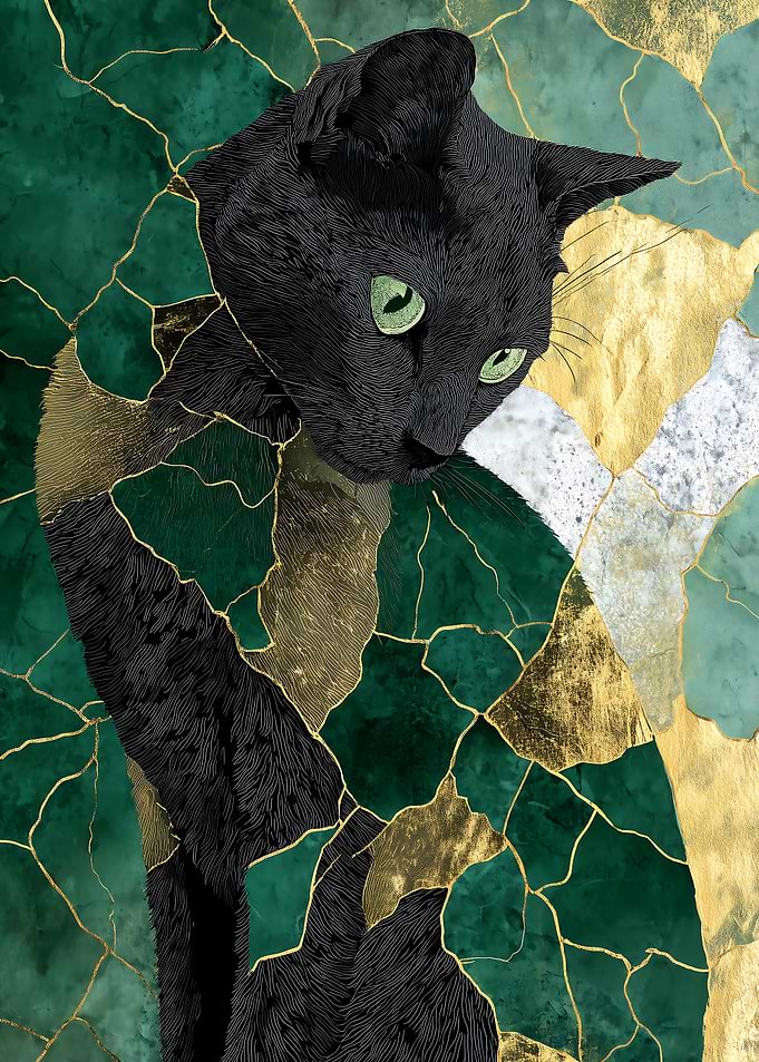 Black Cat Emerald and Gold Art