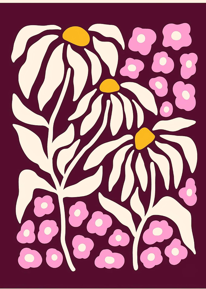 Floral Illustration with Daisies and Pink Flowers