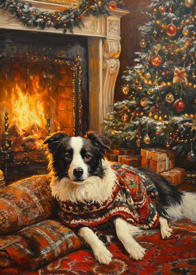 Border Collie in Christmas Sweater by Fireplace | | Christmas Dog Wall Art