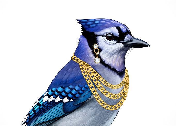 Blue Jay with Gold Chains and Earrings