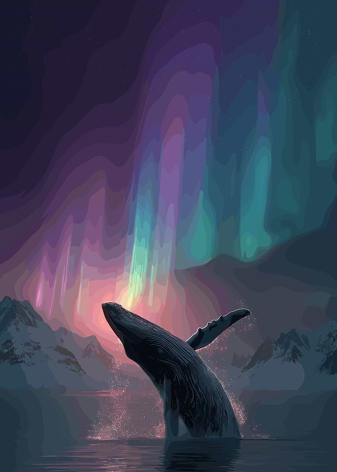 Whale breaching under Aurora Borealis