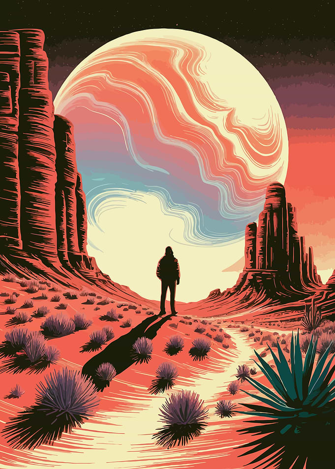 Desert Wanderer Under a Giant Moon