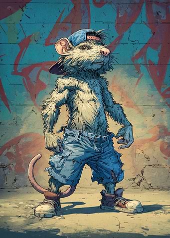 Anthropomorphic Rat with Cap and Jeans