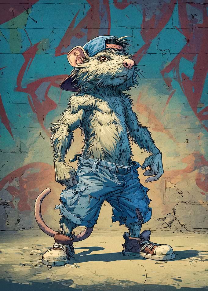 Anthropomorphic Rat with Cap and Jeans
