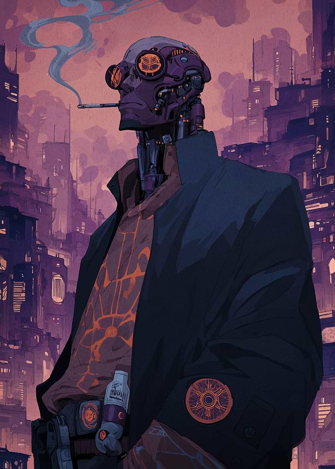 Cyberpunk Robot Smoker in Cityscape