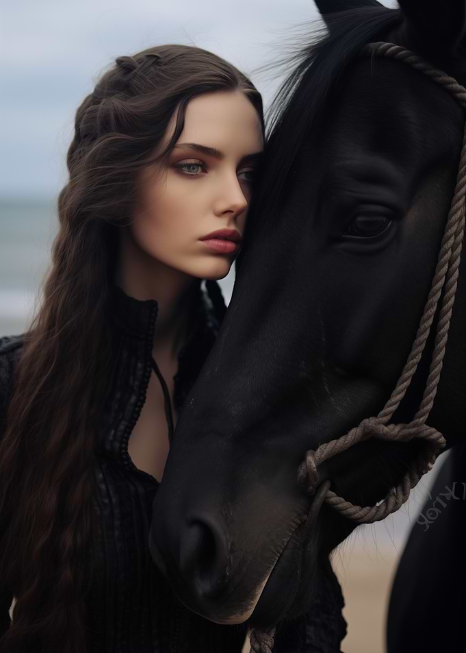 Woman and Black Horse by the Sea