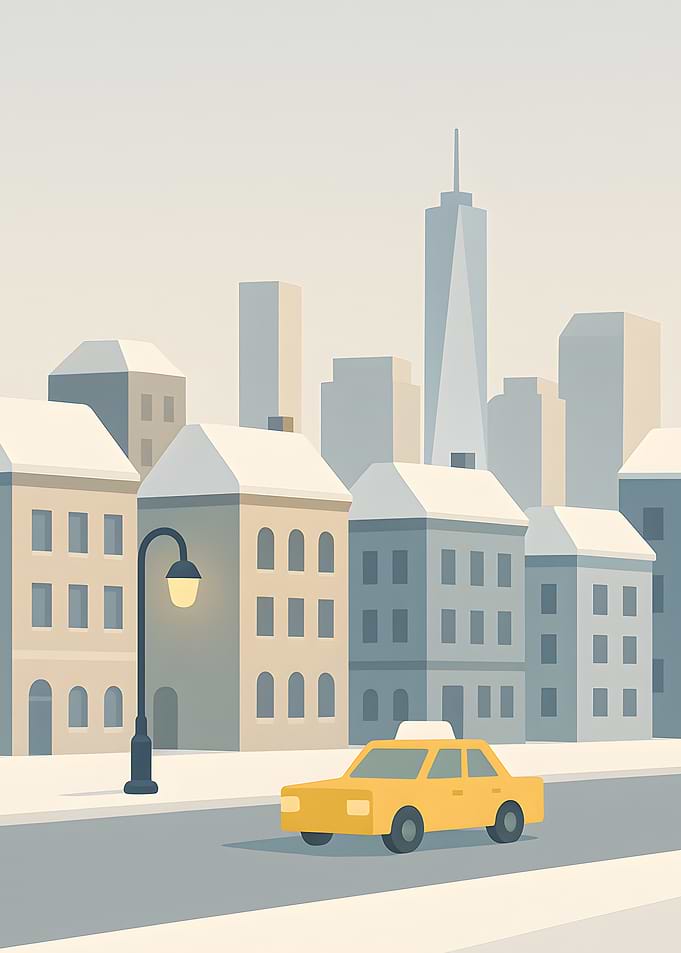 Winter Cityscape with Yellow Taxi