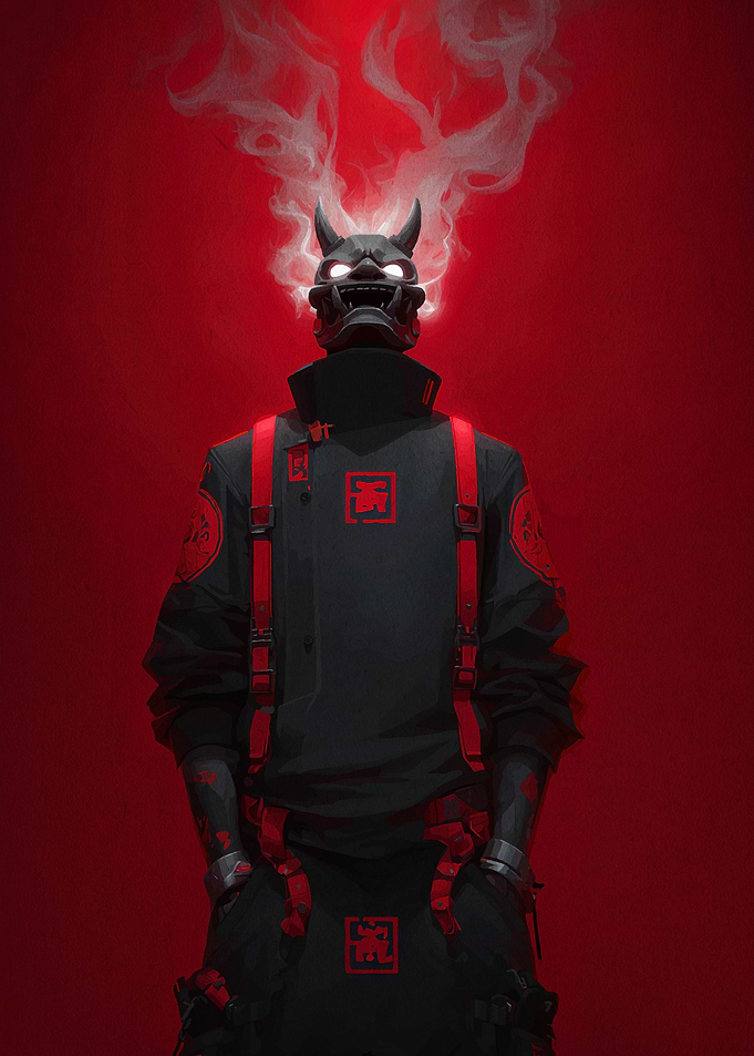 Cyberpunk Oni Mask Figure in Red