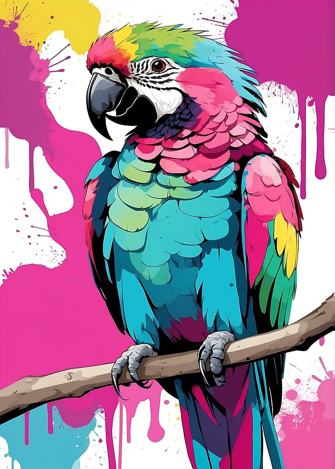 Colorful Parrot on Branch with Paint Splatters