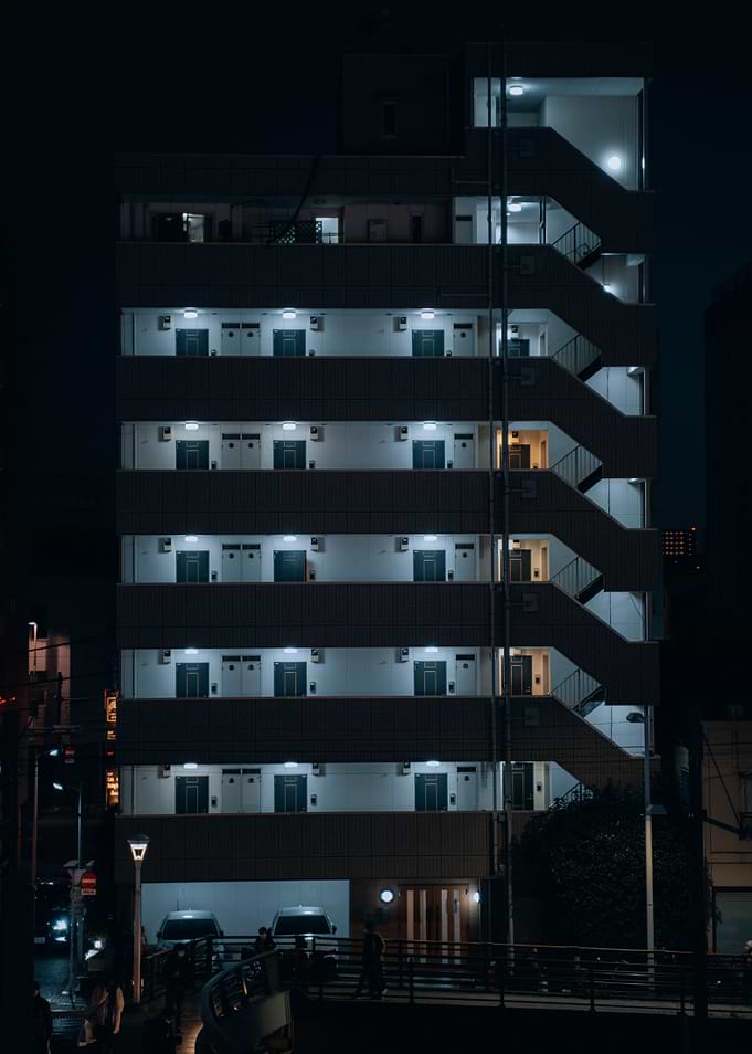 Japanese Apartment Building at Night