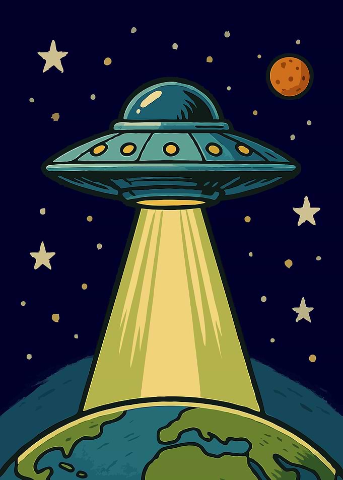 Cartoon UFO over Earth with Beam