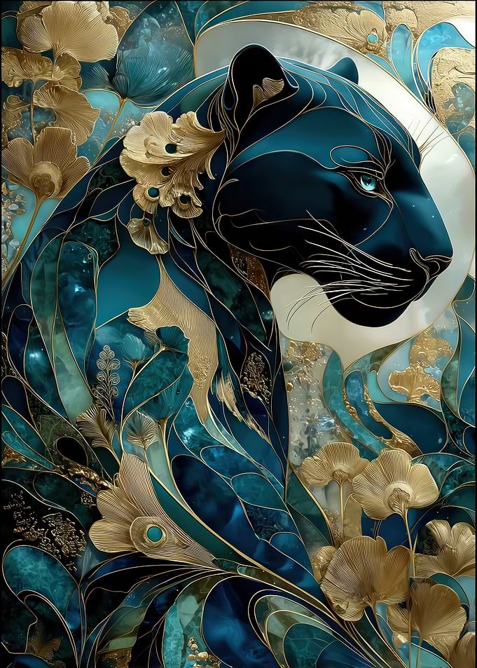 Elegant Teal and Gold Panther Art