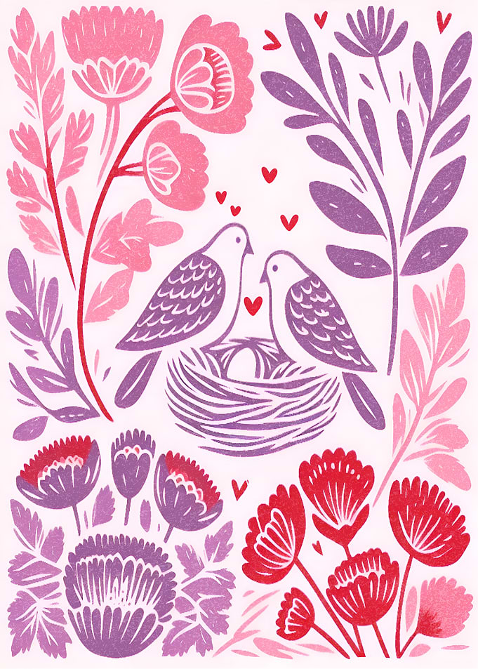 Birds in Nest Floral Illustration