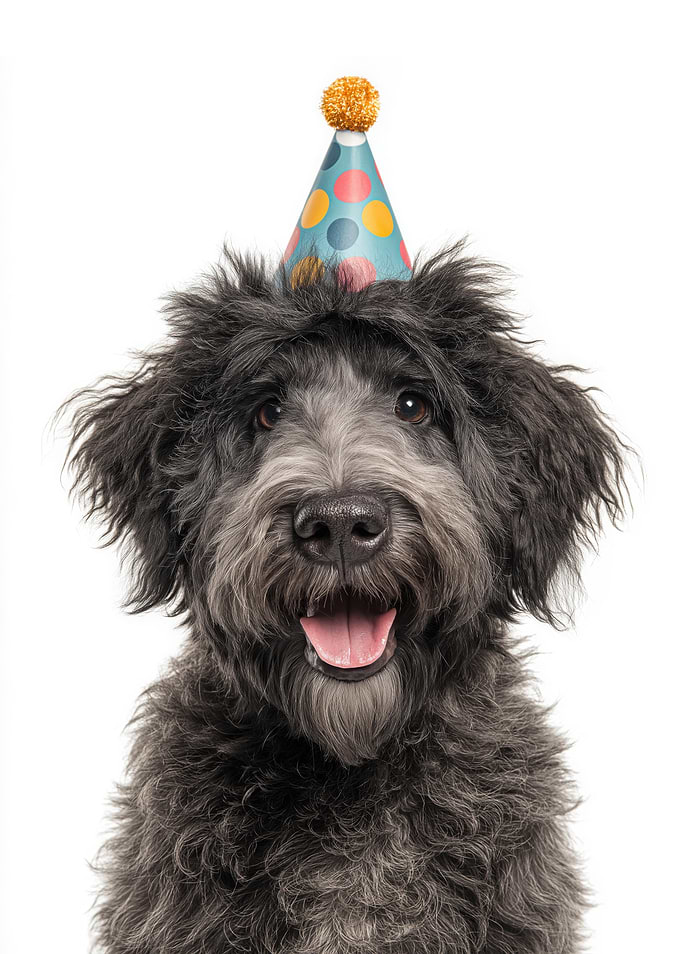 Happy Bouvier des Flandres Dog with Party Hat