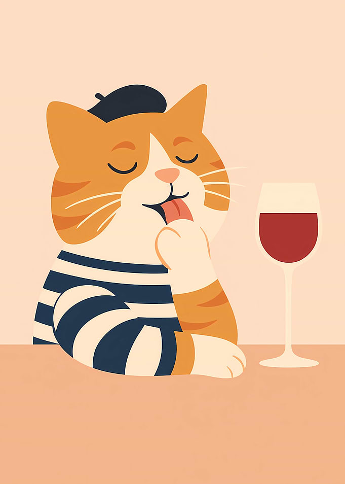 Cartoon Cat with Wine and Beret