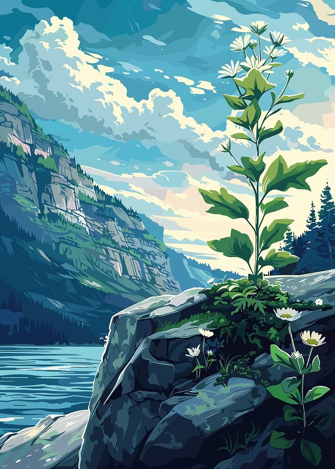 Mountain Lake with Wildflowers Illustration