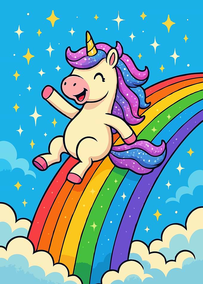 Cartoon Unicorn Riding a Rainbow
