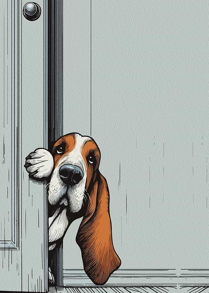 Basset Hound Peeking Through Door