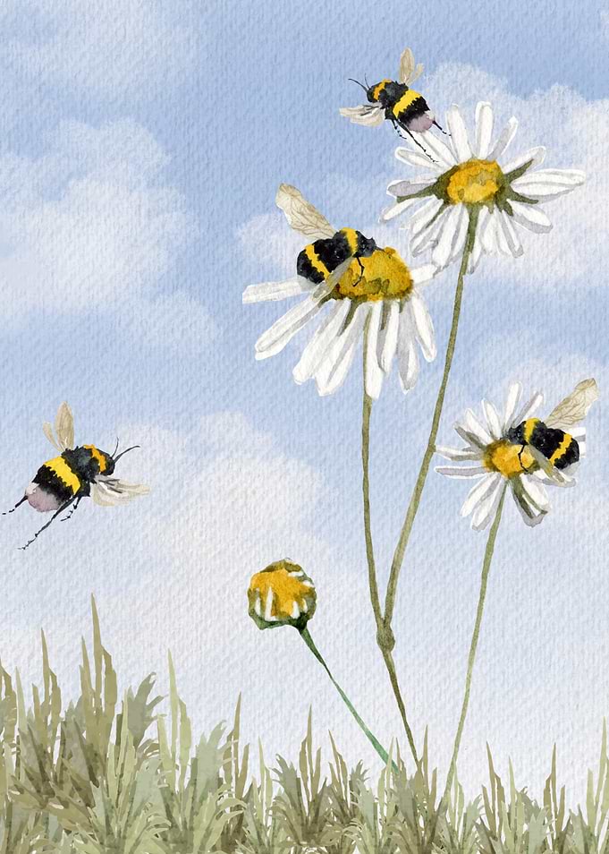 Bees and Daisies Watercolor Painting
