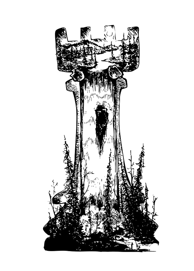 Chess Rook Landscape Ink Drawing