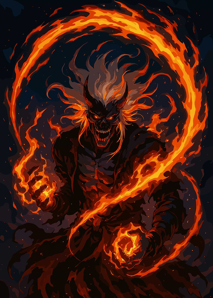 Fiery Demon with Horns and Flames
