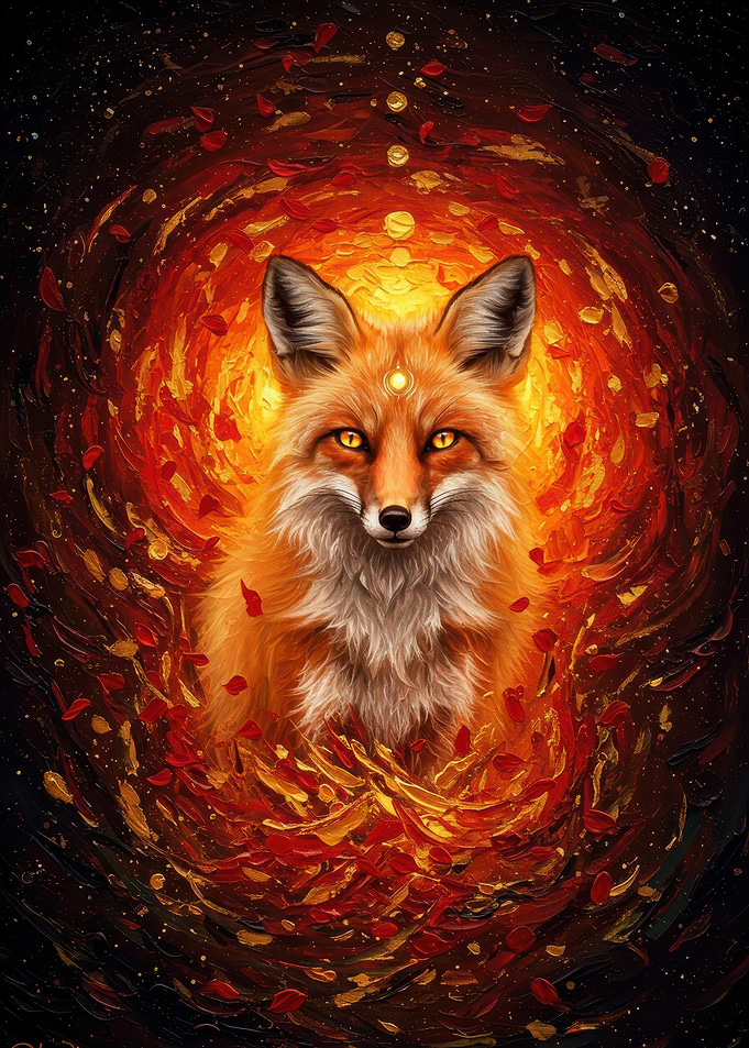 Mystical Fox Portrait with Floral Swirl