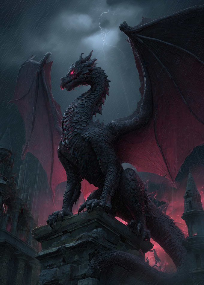Dark Dragon Perched on Stone Structure