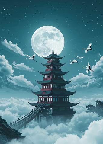 Pagoda under the Moon with Cranes