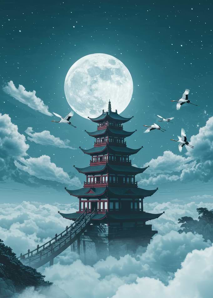 Pagoda under the Moon with Cranes