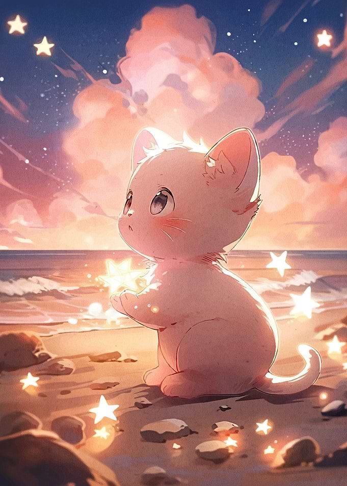 Cute Cat Stars Beach