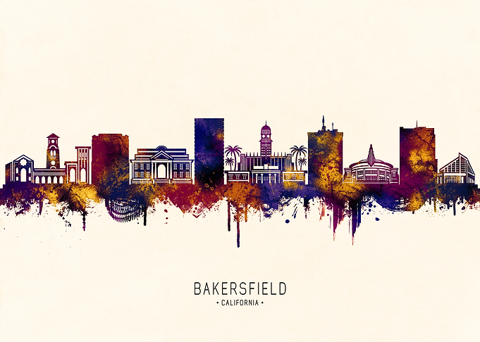 Bakersfield California Skyline Watercolor Silhouette