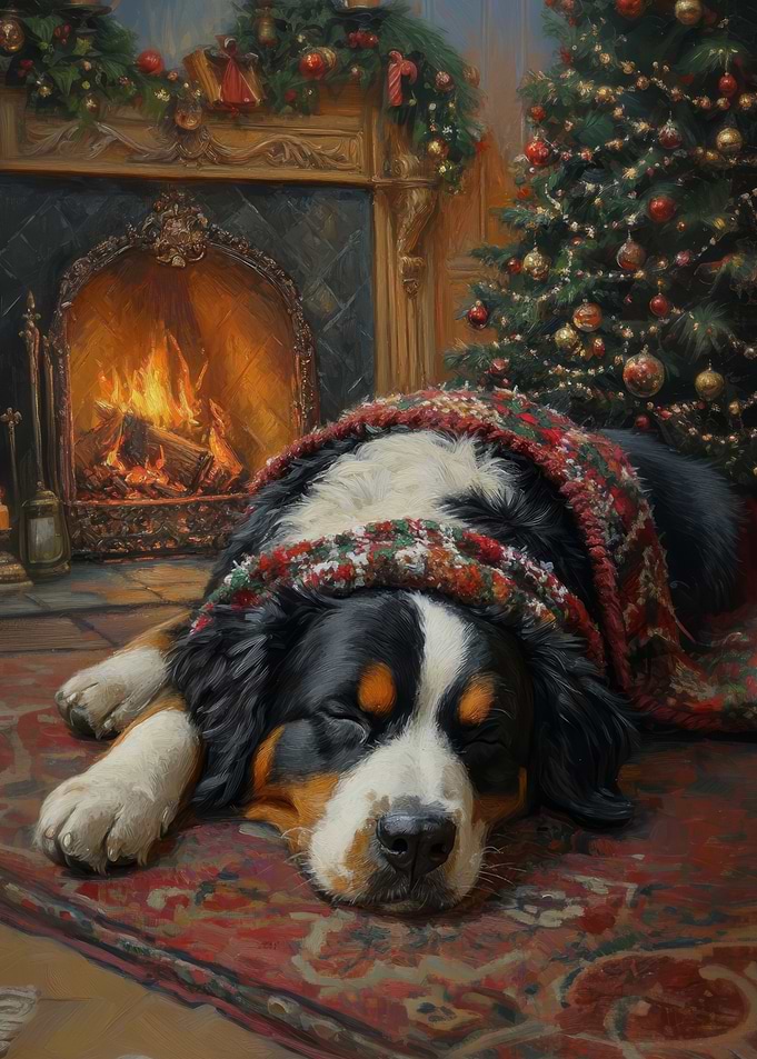 Bernese Mountain Dog Sleeping by Christmas Fireplace
