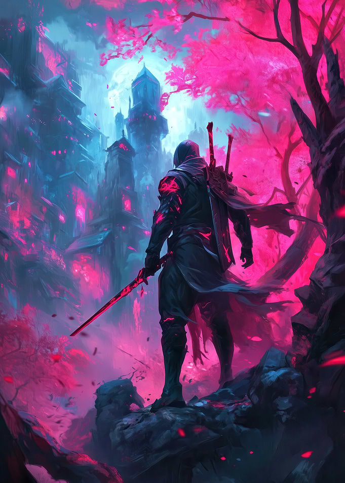 Cyberpunk Ninja in Cherry Blossom City