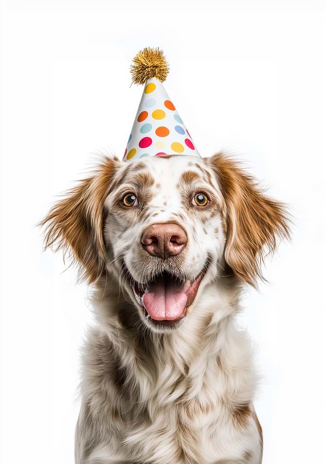 Happy English Setter Dog with Birthday Hat